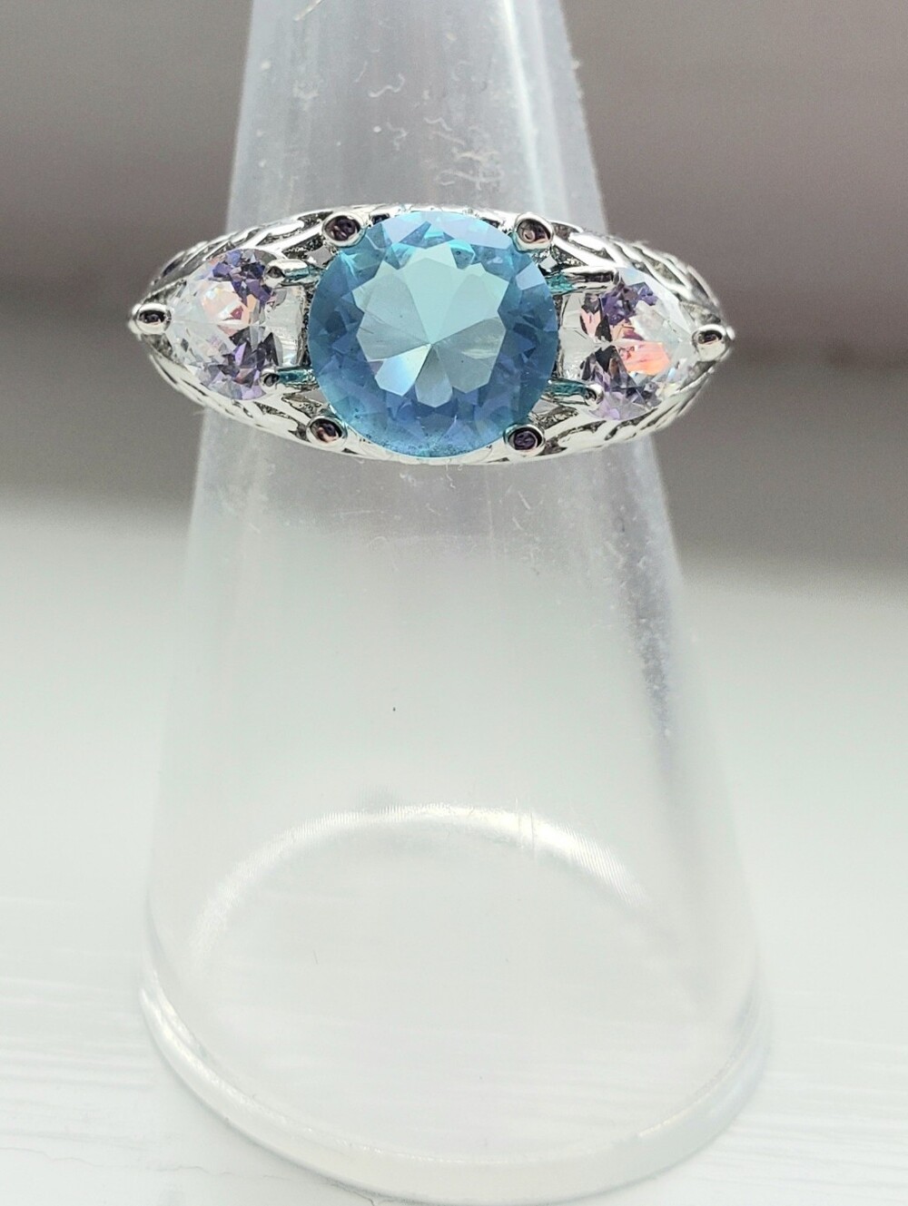NEW AQUAMARINE STERLING Silver Ring, Size 6, Art Deco Style, Round-cut Beauty - Picture 2 of 8